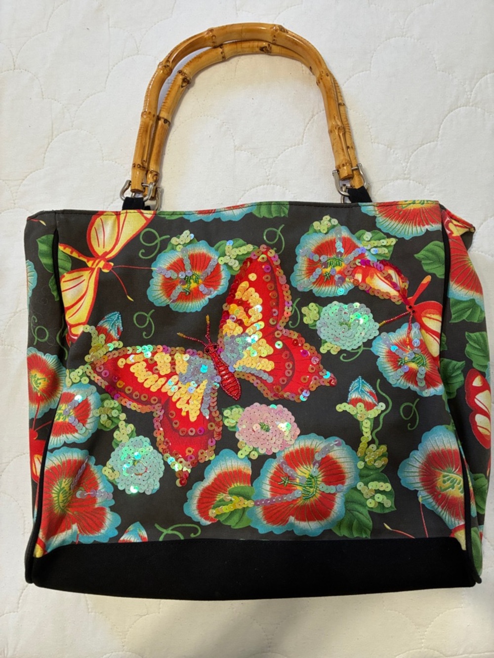 Colorful fabric bag with bamboo handles